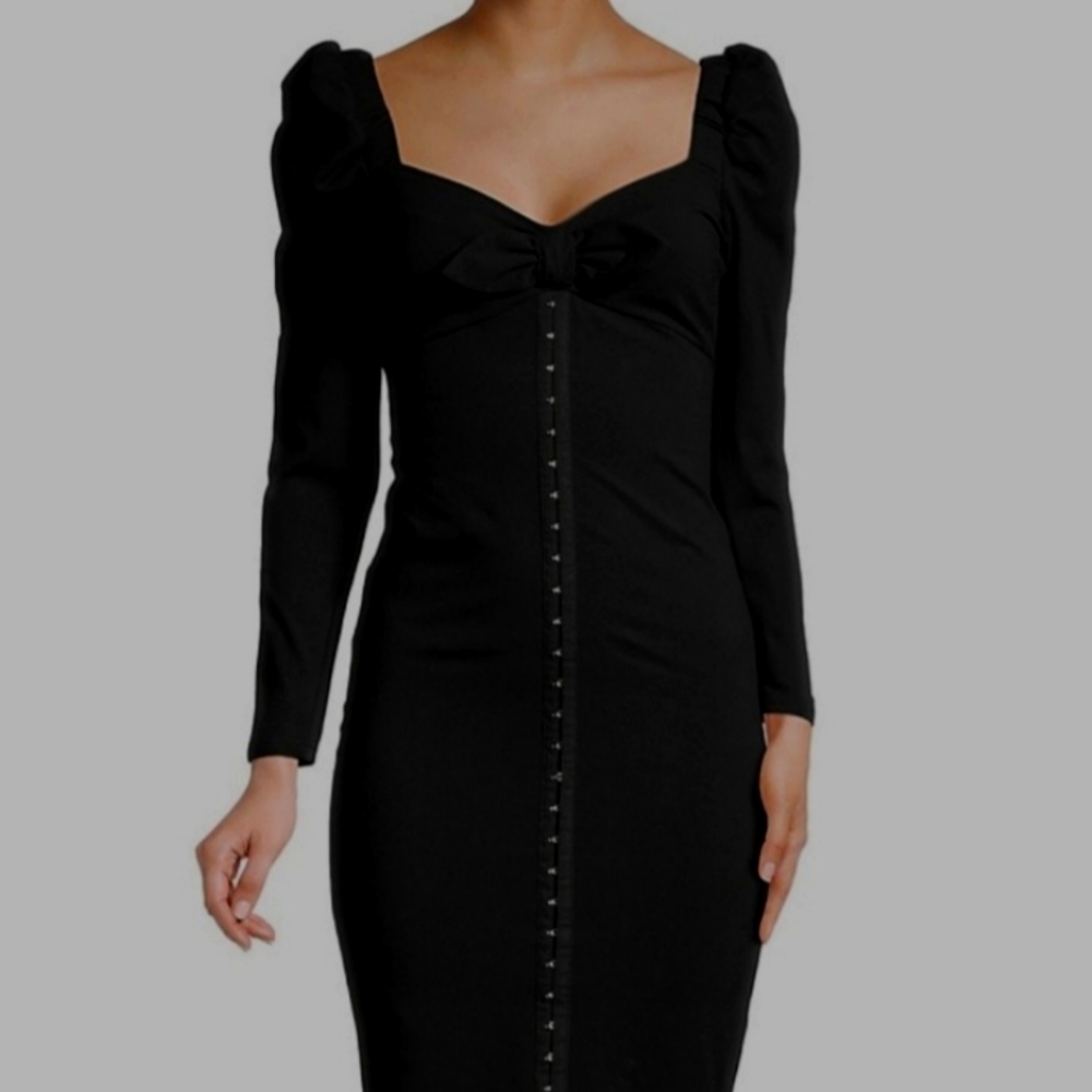 Betsey Johnson, Black Bodycon Bow Front Longsleeve Dress, Size XL